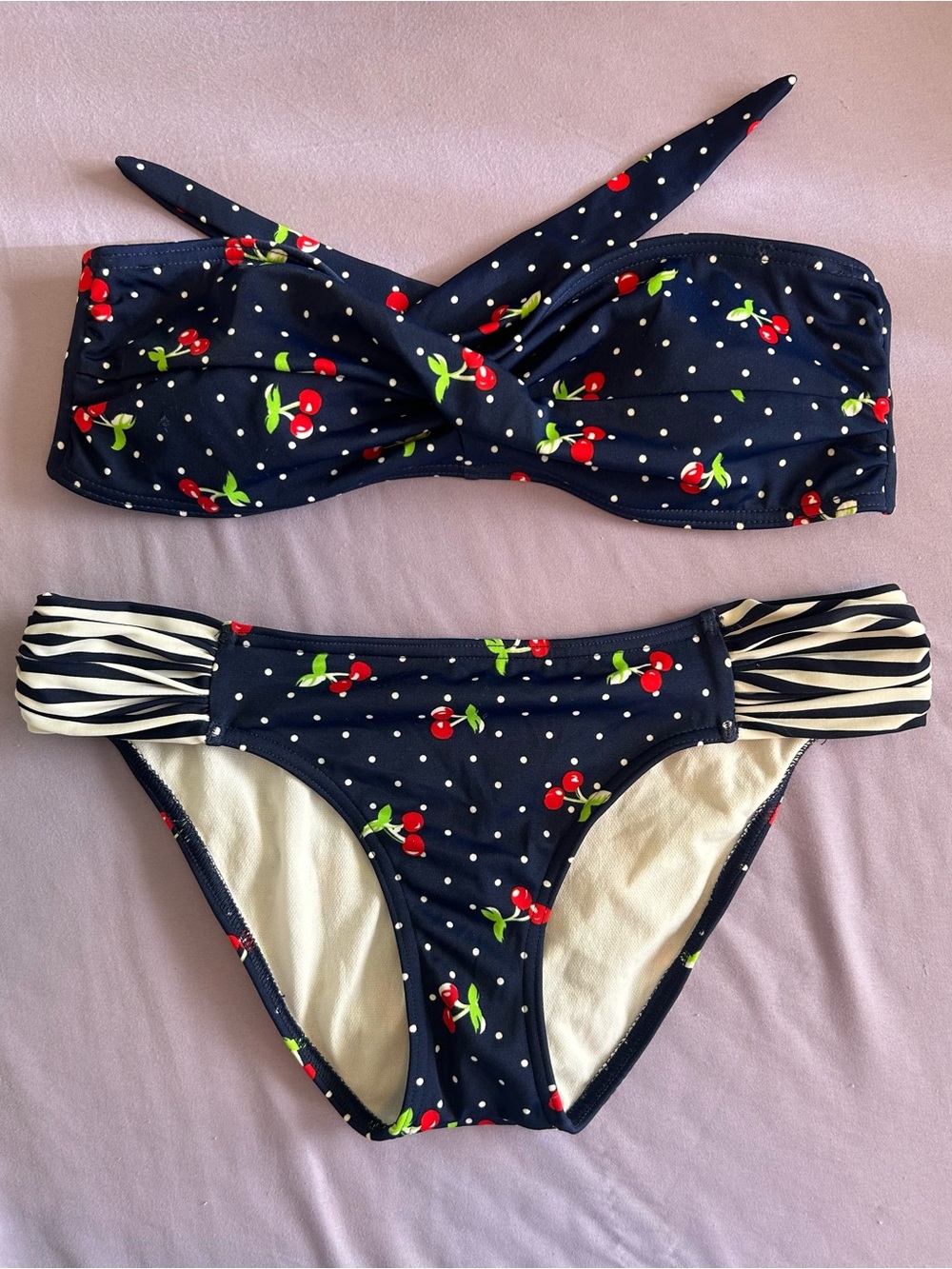 Navy Cherry Print Polka Dot Bandeau Bikini Set
